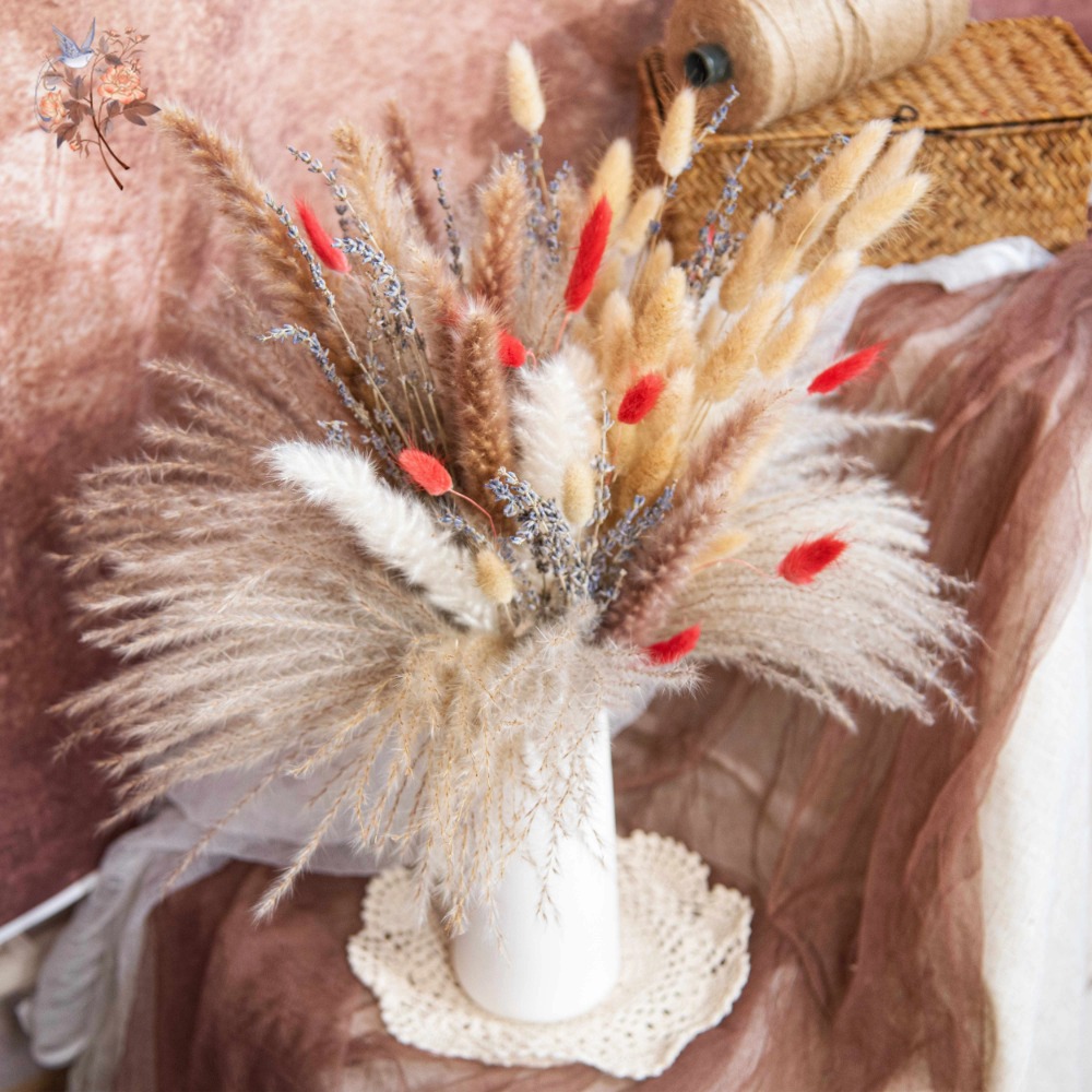 Pampas Grass Decor - ช่อดอกไม้แห้งประดิษฐ์จากดอกแพมพัสลาเวนเดอร์ธรรมชาติ สำหรับตกแต่งงานแต่งงาน ตกแต่งบ้านสไตล์โบโฮ ตกแต่งห้องนั่งเล่น