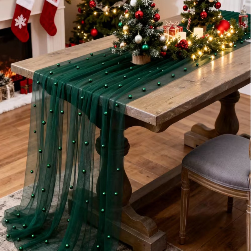 Linen Table Runner - ผ้าปูโต๊ะงานแต่งงานสุดหรู โปร่งแสง หลายสี ผ้าชีฟองประดับมุก โรแมนติก ผ้าโปร่งตกแต่งบ้าน