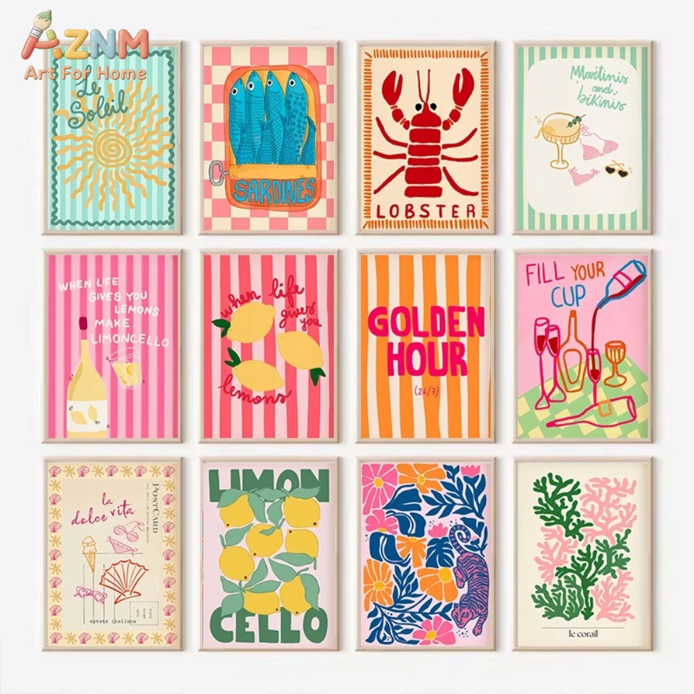 Home Decor Y2K - AZNM ค็อกเทลอาหารทะเลกุ้งก้ามกรามเลมอนหลากสีสันในฤดูร้อน ศิลปะแบบไม่มีกรอบ ผ้าใบตกแต่งผนังห้องครัว