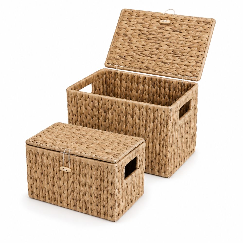Rattan Plant Basket - ตะกร้าเก็บของสานจากผักตบชวา ทรงสี่เหลี่ยมผืนผ้า มีหูจับในตัว พร้อมฝาปิด โครงเหล็ก ตะกร้าจัดเก็บสาน